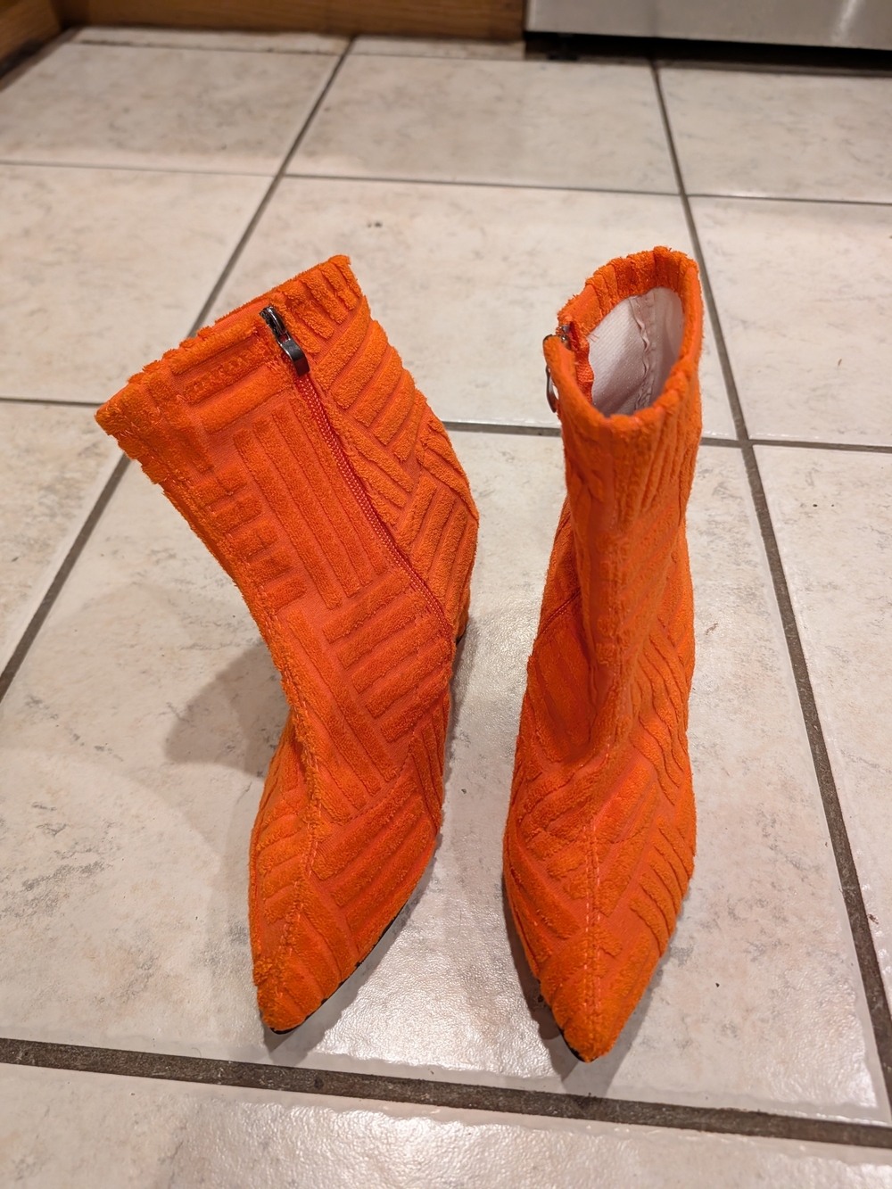 Orange Textured Pointed-Toe Women's Ankle Boots